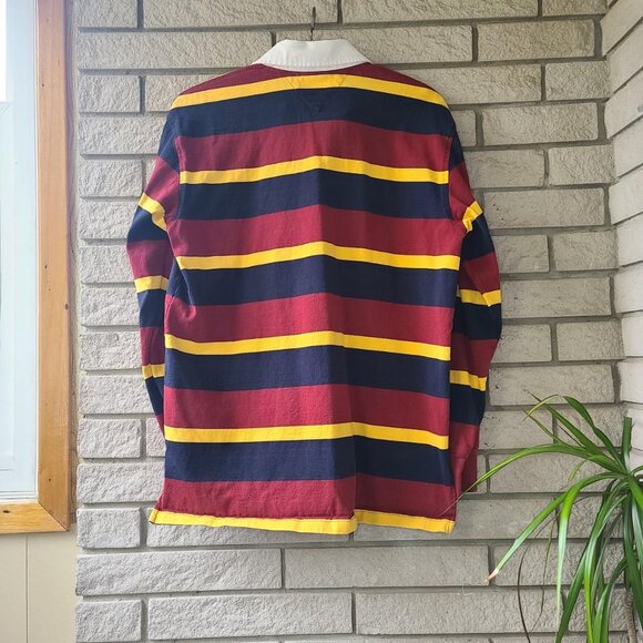 Vintage 90s 'Tommy Hilfiger' navy/yellow/burgundy striped longsleeve rugby shirt - Picture 2 of 3